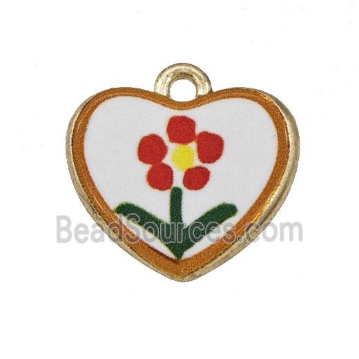Alloy Heart Pendant Flower Painted Gold Plated