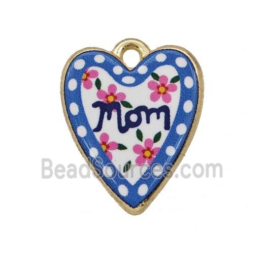 Alloy Heart Pendant Mom Flower Painted Gold Plated