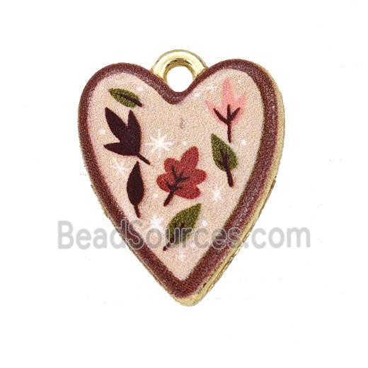 Alloy Heart Pendant Flower Painted Gold Plated