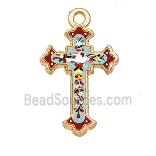 Alloy Cross Pendant Flower Painted Gold Plated