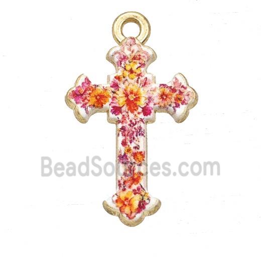 Alloy Cross Pendant Flower Painted Gold Plated