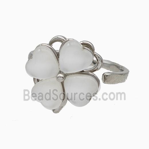 Copper Clover Rings Pave Jadeite Glass Rotatable Adjustable Platinum Plated