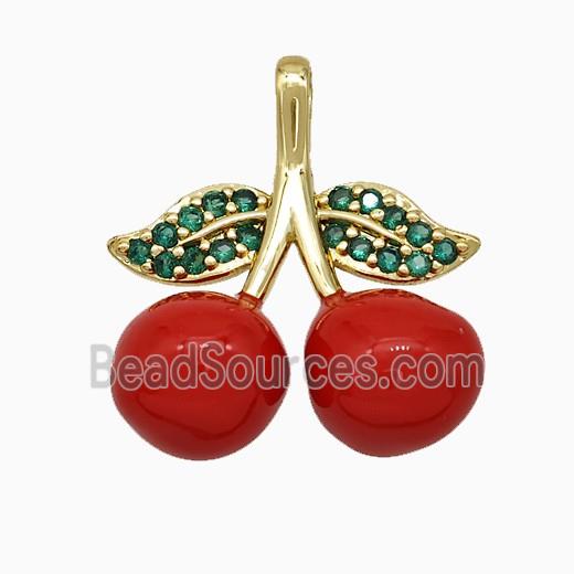 Copper Cherry Pendant Pave Zirconia Red Enamel Gold Plated