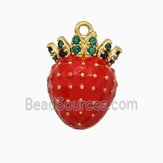 Copper Strawberry Pendant Micropave Zirconia Red Enamel Gold Plated