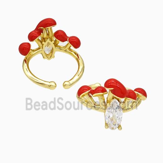 Copper Mushroom Rings Pave Zirconia Red Enamel Gold Plated