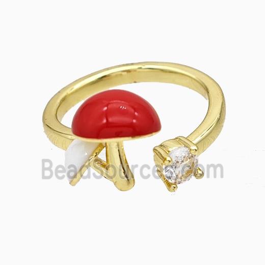 Copper Mushroom Rings Pave Zirconia Red Enamel Gold Plated