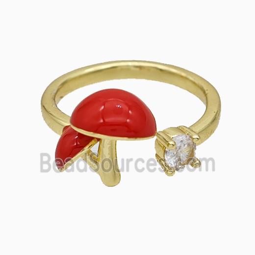 Copper Mushroom Rings Pave Zirconia Red Enamel Gold Plated