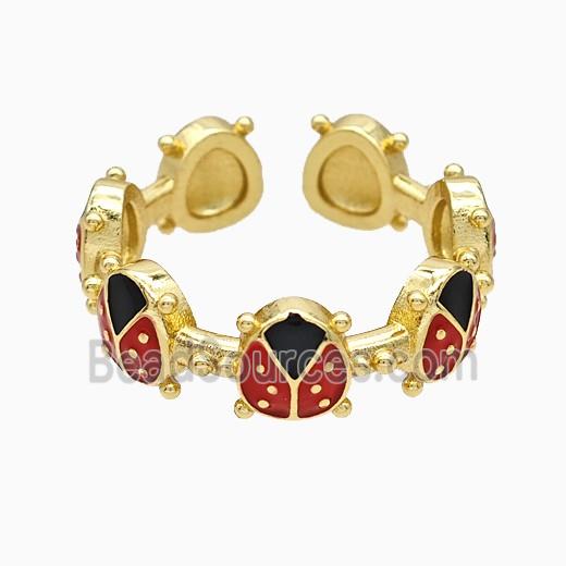 Copper Ladybug Rings Red Enamel Gold Plated