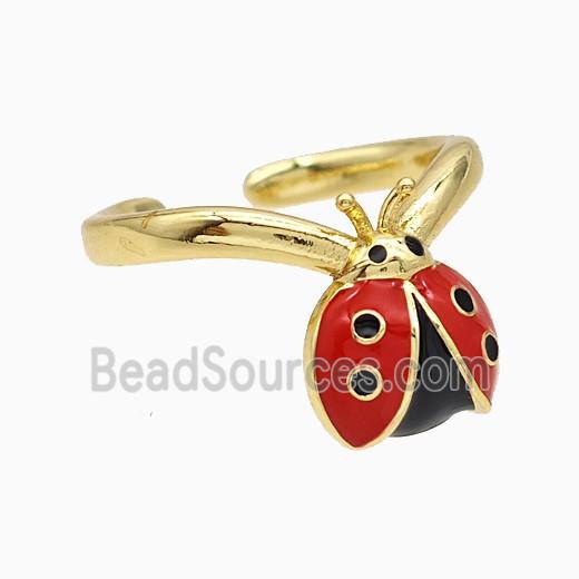 Copper Ladybug Rings Red Enamel Gold Plated