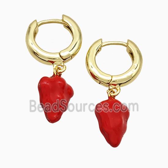 Copper Strawberry Hoop Earrings Red Enamel Gold Plated