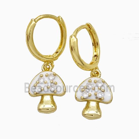Copper Mushroom Hoop Earrings Pave Zirconia White Enamel Gold Plated