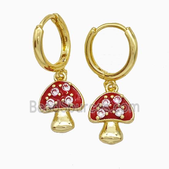 Copper Mushroom Hoop Earrings Pave Zirconia Red Enamel Gold Plated