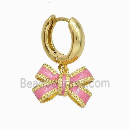 Copper Bowknot Hoop Earrings Pink Enamel Gold Plated