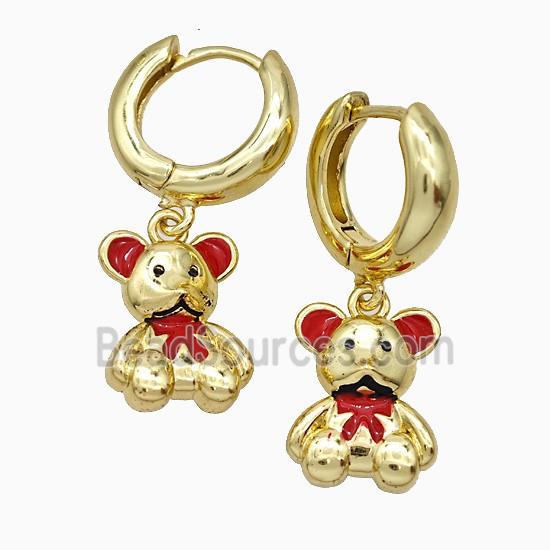 Copper Bear Hoop Earrings Red Enamel Gold Plated