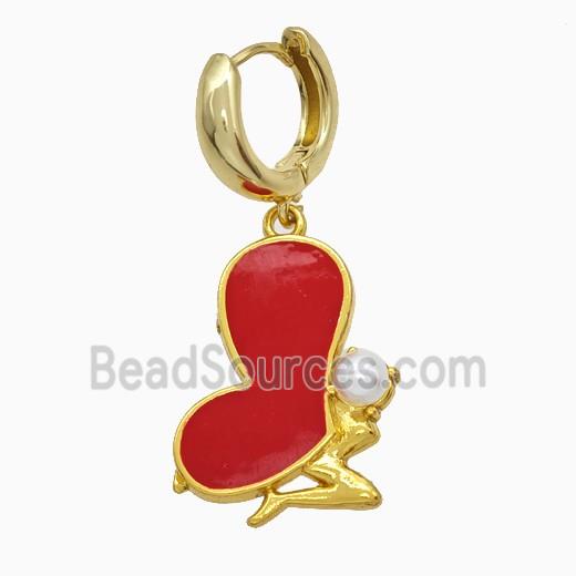 Copper Fairy Hoop Earrings Pave Pearlized Resin Red Enamel Gold Plated