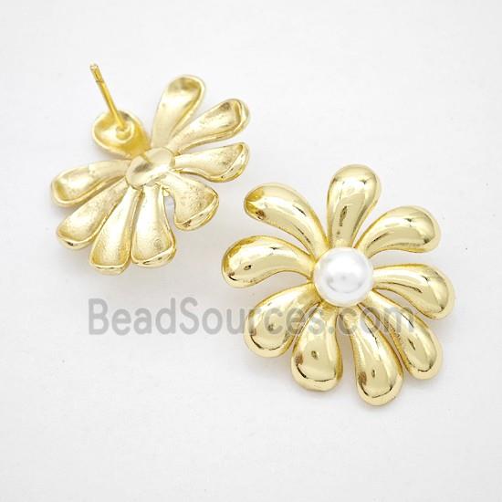 Copper Flower Stud Earrings Pave Pearlized Resin Gold Plated