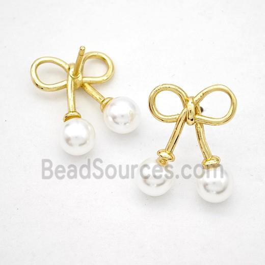 Copper Bowknot Stud Earrings Pave Pearlized Resin old Plated
