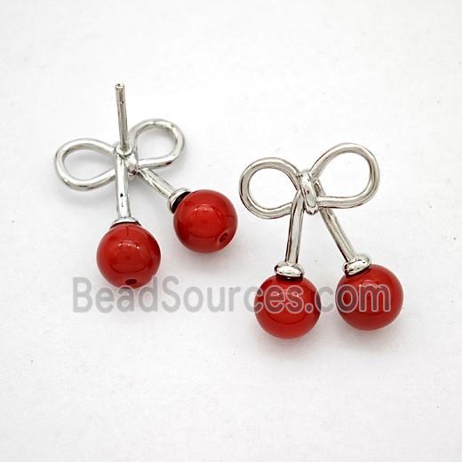 Copper Bowknot Stud Earrings Pave Red Pearlized Resin Platinum Plated
