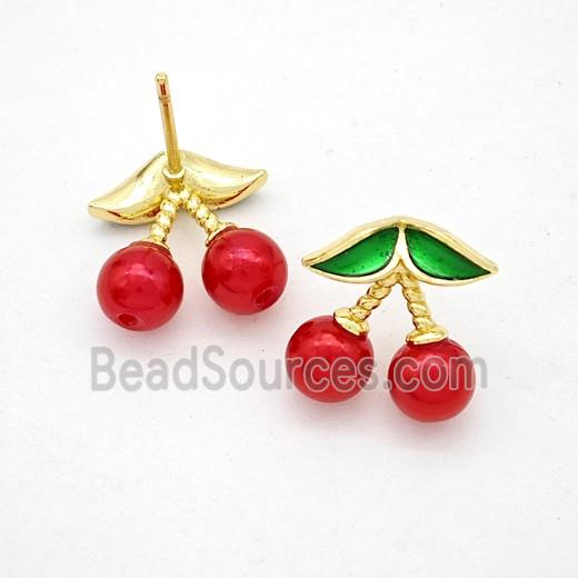 Copper Cherry Stud Earrings Pave Red Pearlized Resin Gold Plated