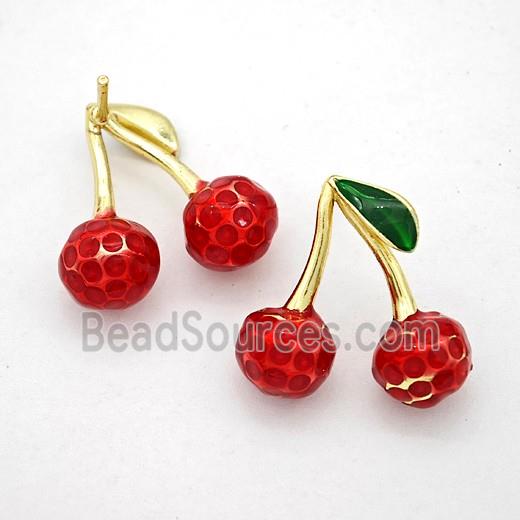 Copper Litchi Stud Earrings Red Painted Gold Plated