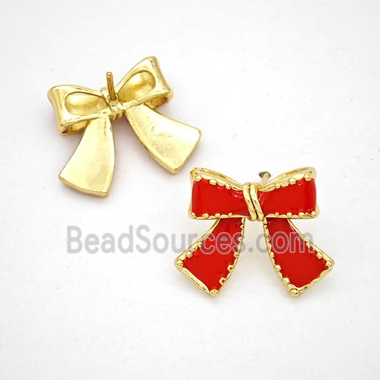 Copper Bowknot Stud Earrings Red Enamel Gold Plated