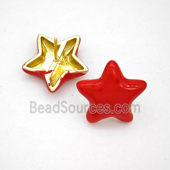 Copper Star Stud Earrings Red Enamel Gold Plated