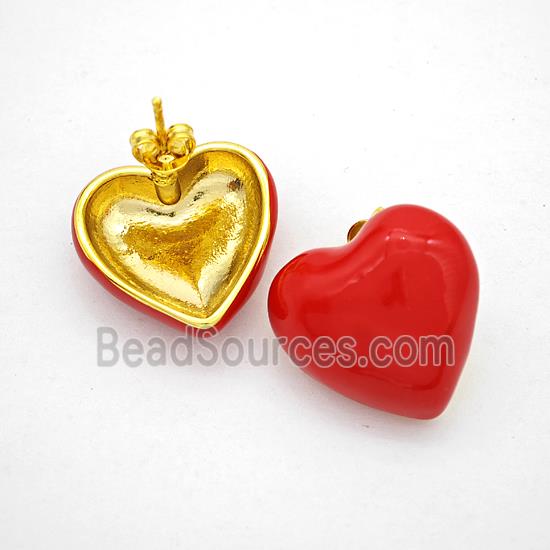 Copper Heart Stud Earrings Red Enamel Gold Plated