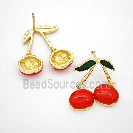 Copper Cherry Stud Earrings Red Enamel Gold Plated