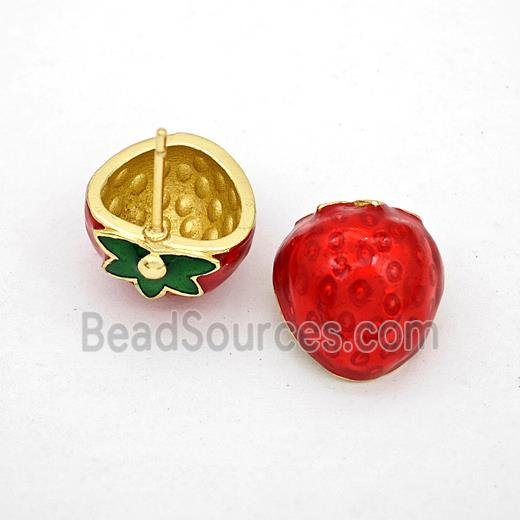 Copper Strawberry Stud Earrings Red Painted Gold Plated