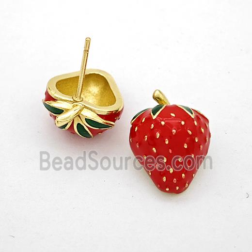 Copper Strawberry Stud Earrings Red Enamel Gold Plated