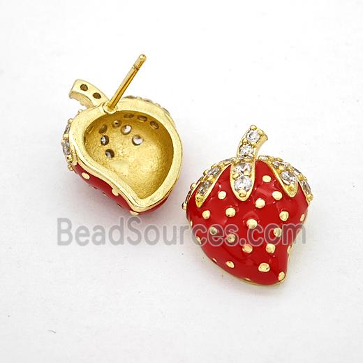 Copper Strawberry Stud Earrings Pave Zirconia Red Enamel Gold Plated