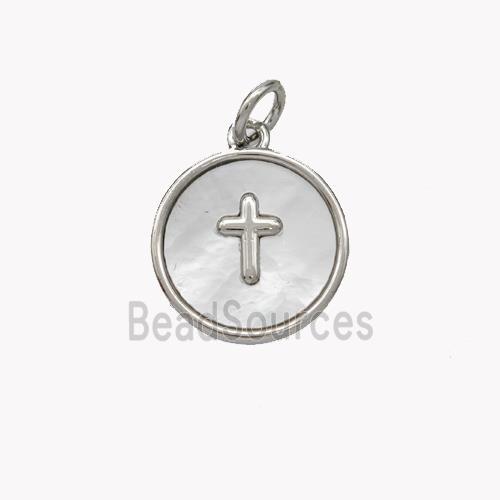 Copper Cross Pendant Pave Shell Circle Platinum Plated