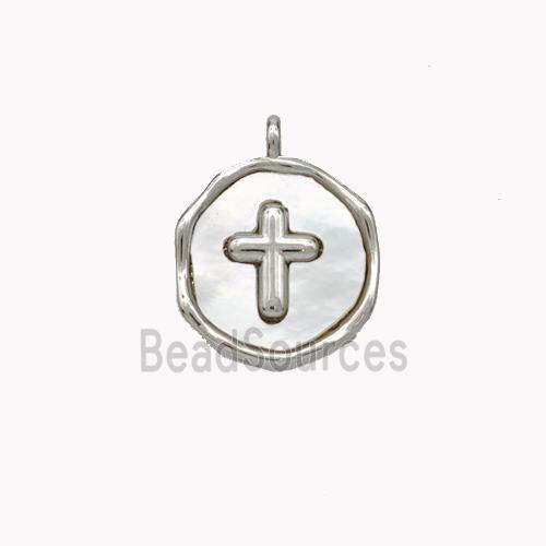 Copper Cross Pendant Pave Shell Circle Platinum Plated