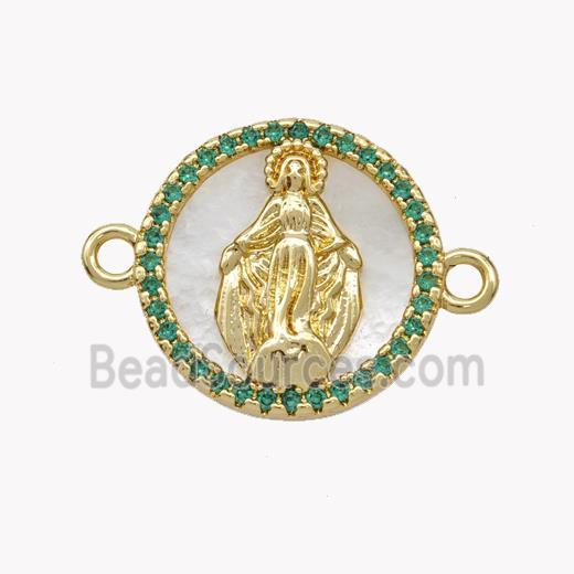 Copper Virgin Mary Connector Pave Shell Zirconia Circle 18K Gold Plated