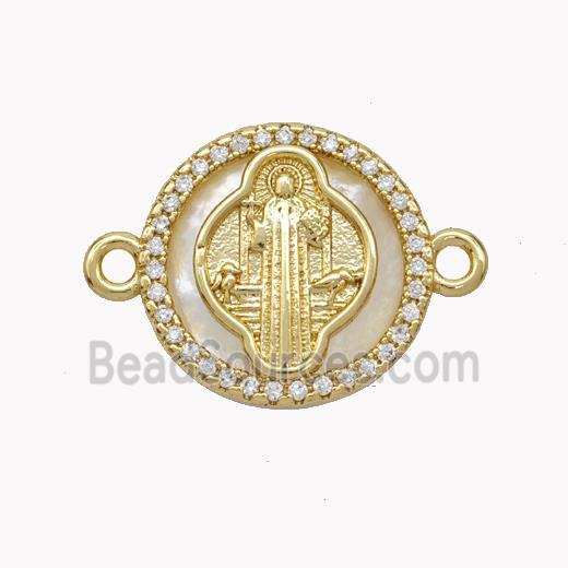 Copper Saint Jude Connector Pave Shell Zirconia Circle 18K Gold Plated