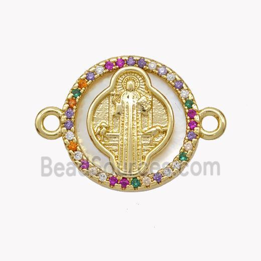 Copper Saint Jude Connector Pave Shell Zirconia Circle 18K Gold Plated