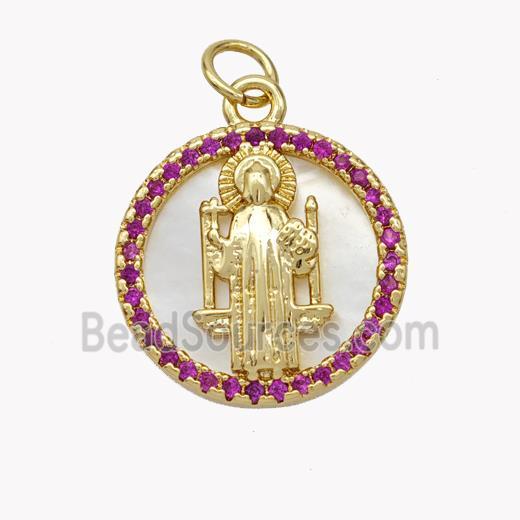 Copper Saint Jude Pendant Pave Shell Zirconia Circle 18K Gold Plated