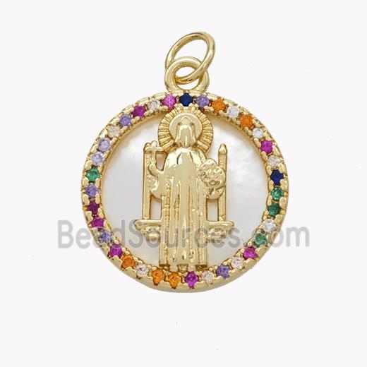 Copper Saint Jude Pendant Pave Shell Zirconia Circle 18K Gold Plated