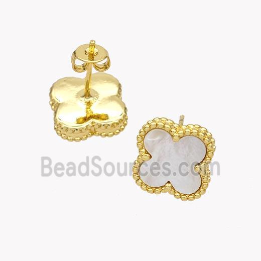 Copper Clover Stud Earrings Pave Shell 18K Gold Plated