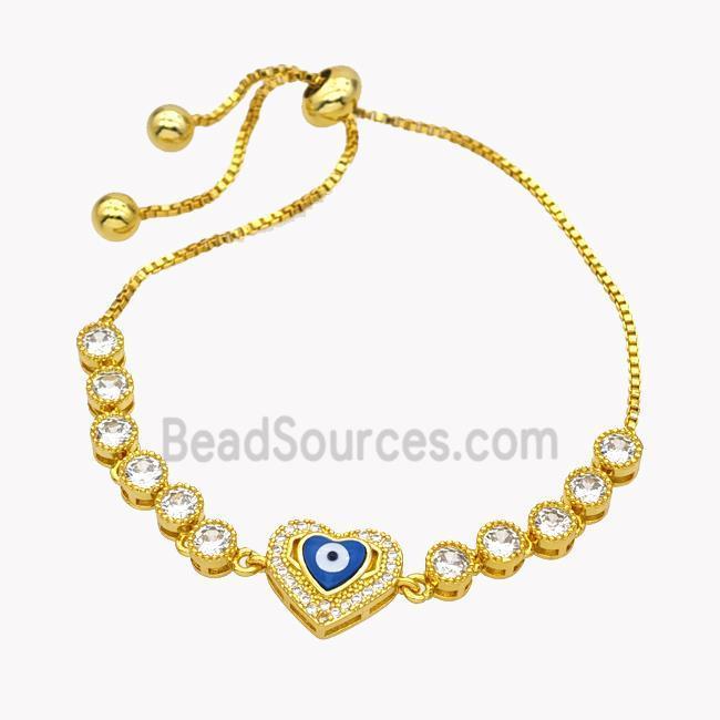 Copper Eveil Eye Heart Bracelet Pave Zirconia Adjustable 18K Gold Plated