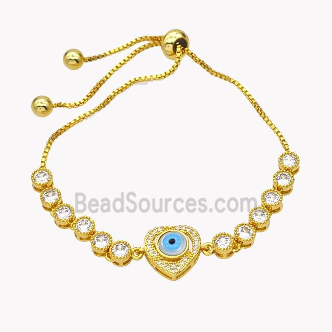 Copper Eveil Eye Heart Bracelet Pave Zirconia Adjustable 18K Gold Plated