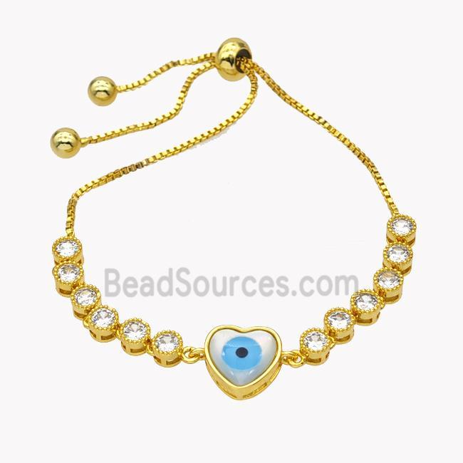 Copper Eveil Eye Heart Bracelet Pave Zirconia Adjustable 18K Gold Plated