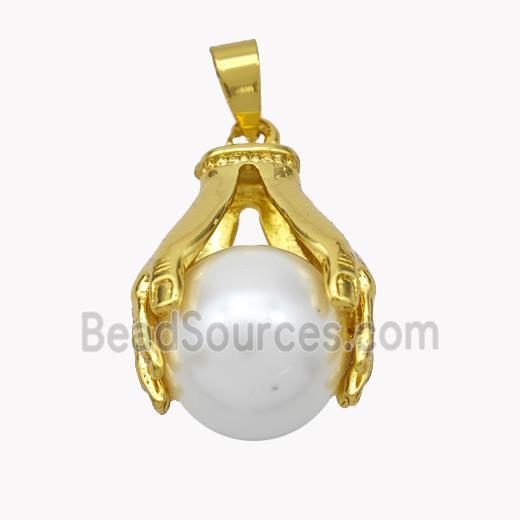 Copper Hand Pendant Pave Pearlized Resin Ball Gold Plated