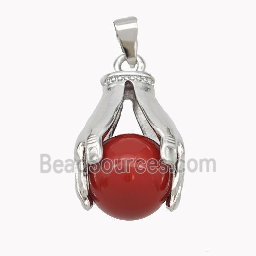 Copper Hand Pendant Pave Pearlized Resin Ball Red Platinum Plated