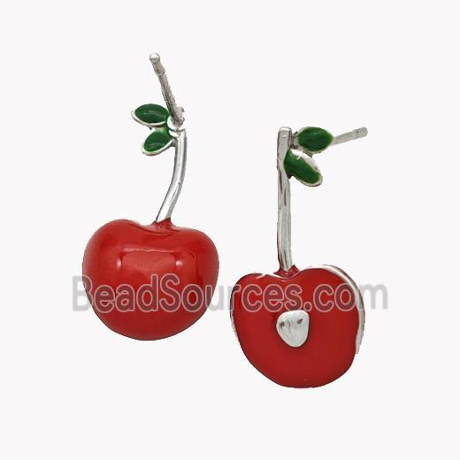 Copper Cherry Stud Earrings Red Enamel Platinum Plated