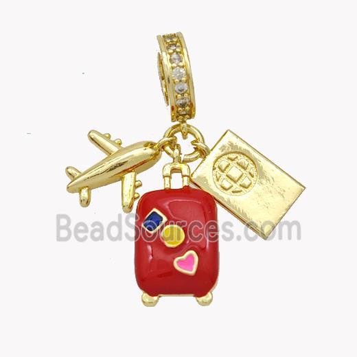 Airplanet and Travel-box Pendant Red Enamel Gold Plated