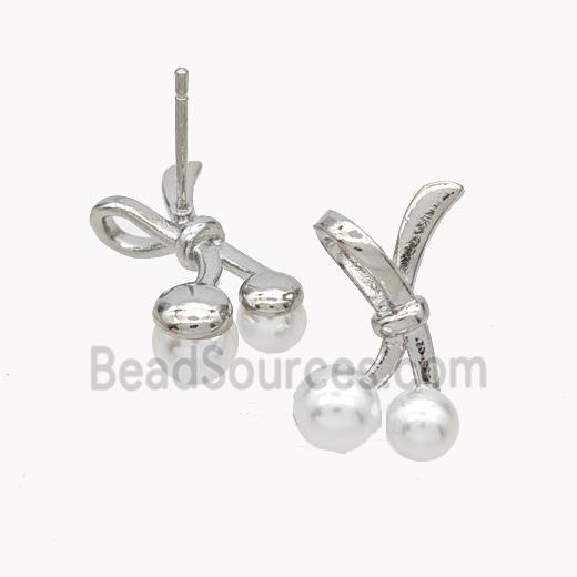 Copper Bowknot Stud Earrings Pave Pearlized Resin Platinum Plated