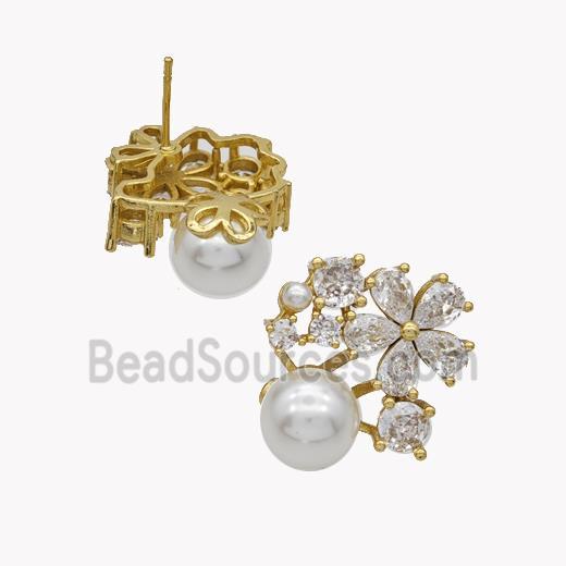 Copper Flower Stud Earrings Pave Pearlized Resin Zirconia Gold Plated