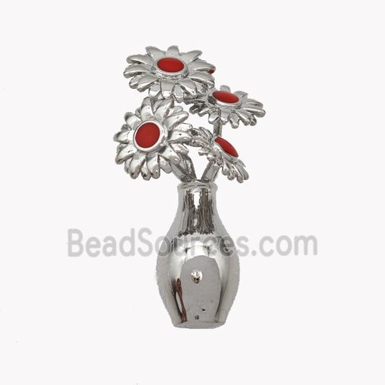 Copper Flower Pendant Red Enamel Plant Platinum Plated