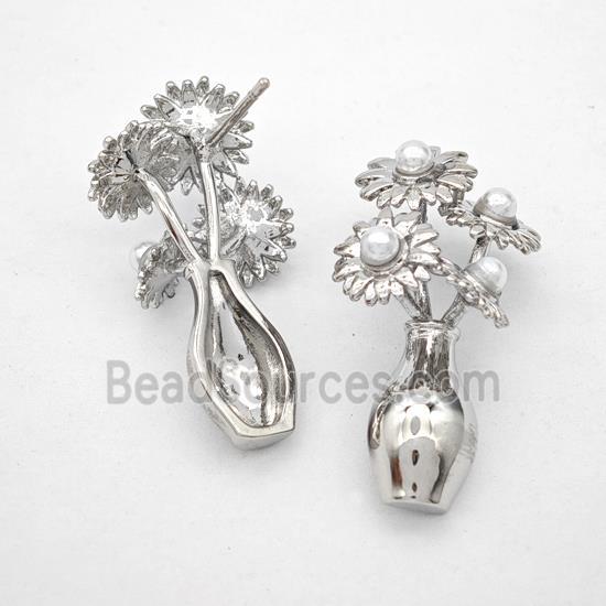 Copper Flower Stud Earrings Pave Pearlized Resin Plant Platinum Plated